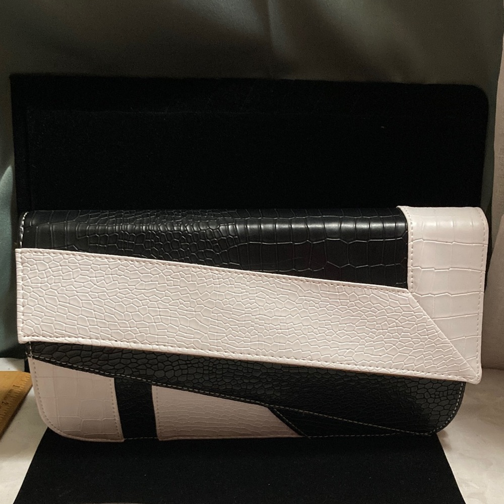 Black and White Croc-Embossed Geometric Clutch